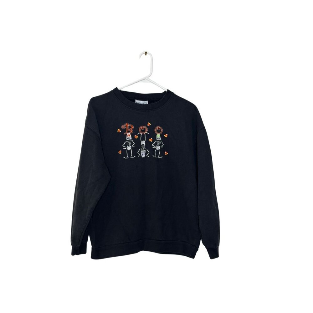 VTG Halloween "Boo" Skeleton Black Sweatshirt By Endless Designs Sun Faded Sz L